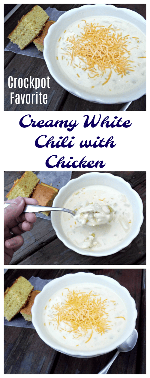 This Crockpot Creamy White Chili with Chicken is easy to make and super delicious! Serve it with cornbread for an easy dinner any night of the week. 