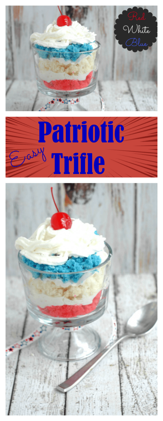 This easy red, white and blue patriotic trifle recipe combines layers of cake with whipped cream for a delicious and pretty dessert that is perfect for the 4th of July, Memorial Day or any summer holiday!