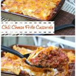 This Chili Cheese Frito Casserole is super easy to make and makes a hearty, delicious meal perfect for any weeknight or potluck dinner.