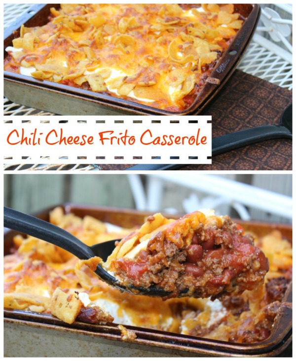 This Chili Cheese Frito Casserole is super easy to make and makes a hearty, delicious meal perfect for any weeknight or potluck dinner.
