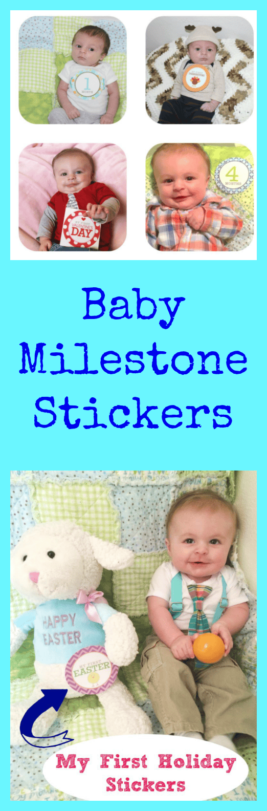 Celebrate baby's milestones by taking photos with baby monthly stickers. You can commemorate both each month of age, as well as their first holidays!