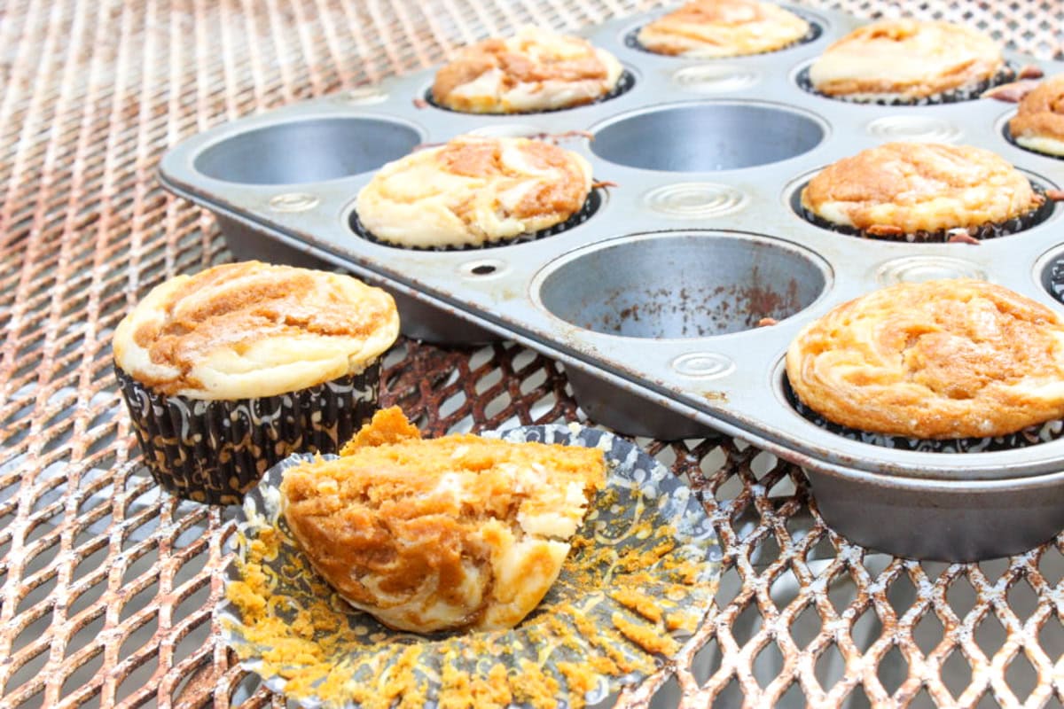 Pumpkin Cheesecake Swirl Muffins in Pan.