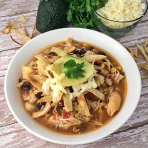 bowl of slow cooker chicken tortilla soup.